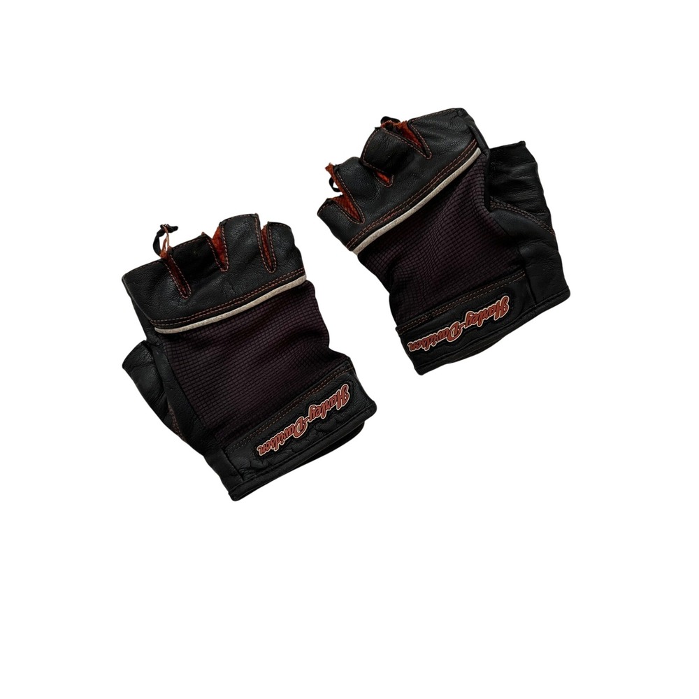 Harley Davidson Mens Fingerless Leather Mesh Motorcycle Gloves Black Orange Med
